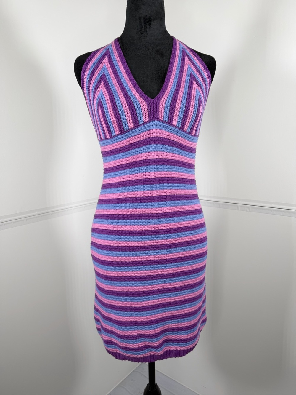 Wild Fable Dress Womens Size Medium Pink Purple Striped Halter Crochet Knit